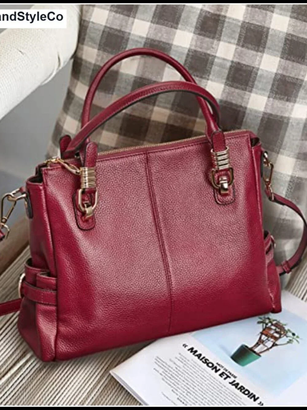 Genuine Leather Satchel Tote Shoulder Bag with Detachable Strap